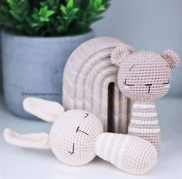 Free Amigurumi Crochet Pattern Sleepy Baby Bear and Bunny Stick Rattles